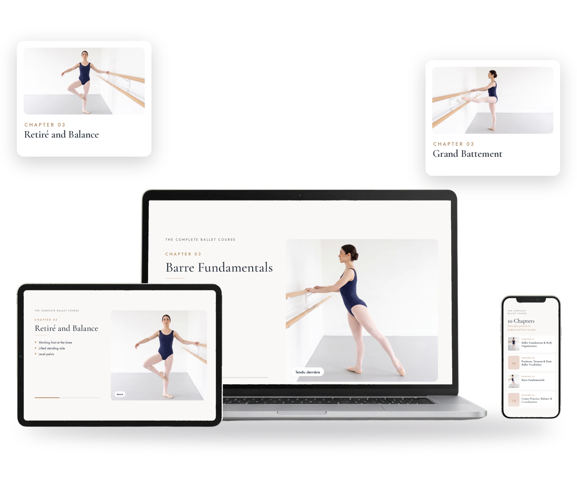 Course shown on laptop, tablet and phone